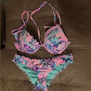 Pink Floral Bikini Set with Aqua Accents